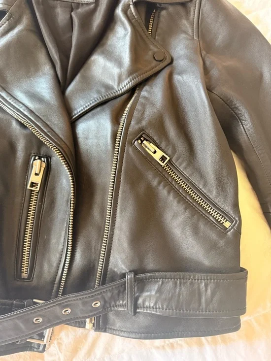 All Saints Black Leather Moto Jacket with Belt - Picture 4 of 8